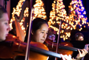 Violinists in an orchestra.