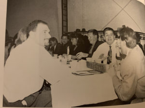This photo is from a banquet held at the Horst Athletic Center in 1997. In the photo are future Provost Dr. Phillip Dearborn (left), LBC alumnus Bob McMichael (’93, center, dark jacket), and current LBC Assistant Athletic Director and Men’s & Women’s Tennis Head Coach Rod Baughman (right, in tie).