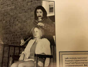 Rosemary Topper cuts Trish Pierce’s hair on the porch of Esbenshade Hall, which at the time was a dormitory on campus. Esbenshade has since been transformed into offices for staff at Lancaster Bible College | Capital Seminary & Graduate School.