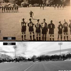 This month’s now and then photo features a spot on campus that has changed drastically. The 1996 men’s soccer team played on a grass field with little around it, while today’s soccer teams, as well as the field hockey and women’s lacrosse teams, play on the state-of-the-art turf at Donald H. Funk Field. A stadium with seating will be under construction at the site beginning in mid-March.