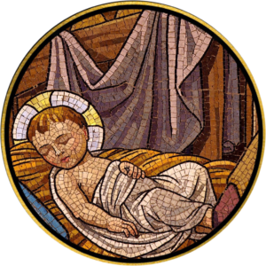 A mosaic of baby Jesus in a manger. 