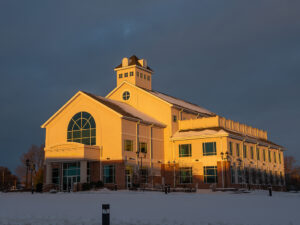 The Teague Learning Commons in the winter. 