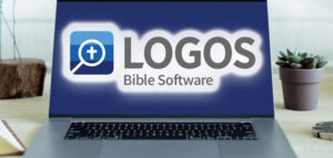 A laptop displaying the LOGOS Bible Software logo. 