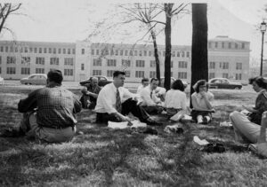 Students gather on the Lancaster School of the Bible lawn. 