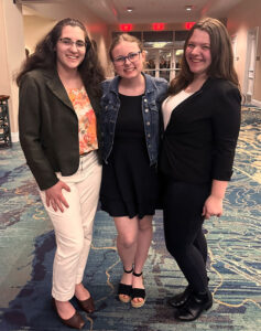 From left, Communication majors Kaylisa Montijo (‘26) and Emma McMurray (’26) and Middle Level Education major Cadence Geyer (’26) were selected to fill three of just over 30 spots in a writing intensive with students from other ABHE member colleges.