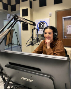 LBC Communication major Carina Bruno (’26) hosts the Introvert City podcast, recorded in the LBC radio studio.