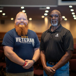 Two fellow LBC alumni and employees served on the same U.S. Navy ship decades apart. Machinist Mate Petty Officer 3rd Class Michael Allen worked as a machinist mate in the engine room of the USS Denver in San Diego, Calif., from 1982-84, while Hospital Corpsman Second Class (E5) Shannon Sensenig served on the USS Denver from 2012-14. 