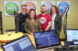 Several LBC alumni and friends help create community at WJTL. From left, WJTL CEO and President Fred McNaughton, on-air host Abi Horst, Junction Center technical coordinator Ethan Scott and producer/music director and former LBC Adjunct Professor Kristi Leigh.