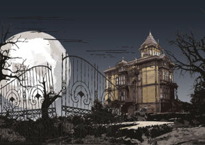 illustration of a haunted manor with a dead tree and full moon