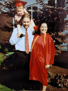 Jennifer and her husband, Micah ('98), also an LBC alumnus and longtime college employee until 2025, celebrate on campus more than 20 years ago.